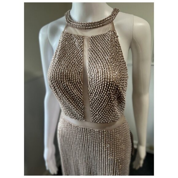 AIDAN MATTOX CREW NECK BEADED GOWN 6 Taupe NWT - Picture 6 of 9